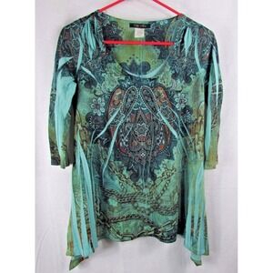 Only Nine women's S small 3/4 sleeve patterned shirt  blue puckered top blouse